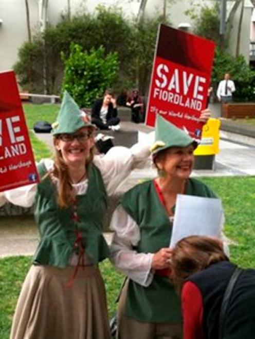 Southland Mayor Frana Cardno exhorts Wellington residents to help save Fiordland yesterday. Photo...