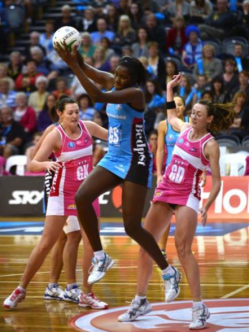 Steel shooter Jhaniele Fowler claims the ball during the game against the Thunderbirds at the...
