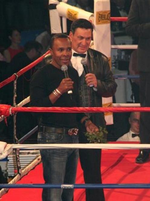 Sugar Ray Leonard addresses the crowd at the Thriller in the Chiller charity boxing tournament,...