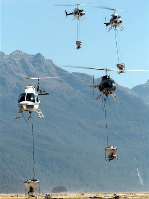 Helicopters head up the Arawhata Valley in Westland to drop loads of 1080.