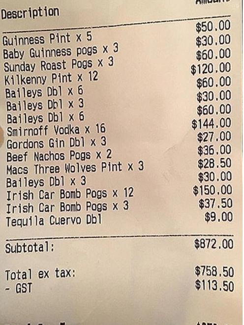 Sasha Mielczarek shared a bar receipt that totalled a whopping $872 for himself, Kris and a third...
