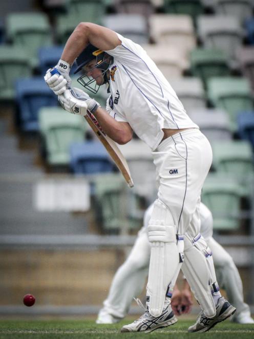 Otago Volts player Shawn Hicks defends a delivery on day two of the Plunket Shield match against...