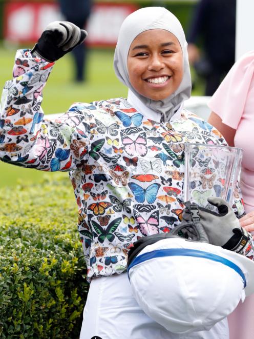 Khadijah Mellah celebrates after winning the 'Magnolia Cup' charity ladies race on 'Ladies Day' of the Qatar Goodwood Festival 2019. Photo: Getty Images