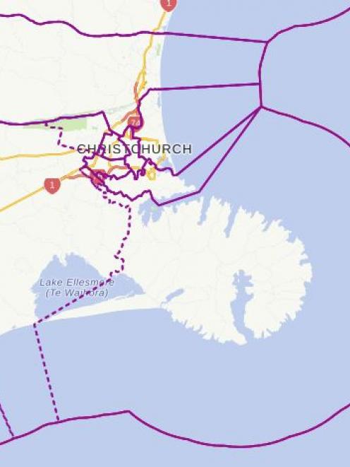 The bold purple lines show the current electoral boundaries and the dotted purple lines indicate...