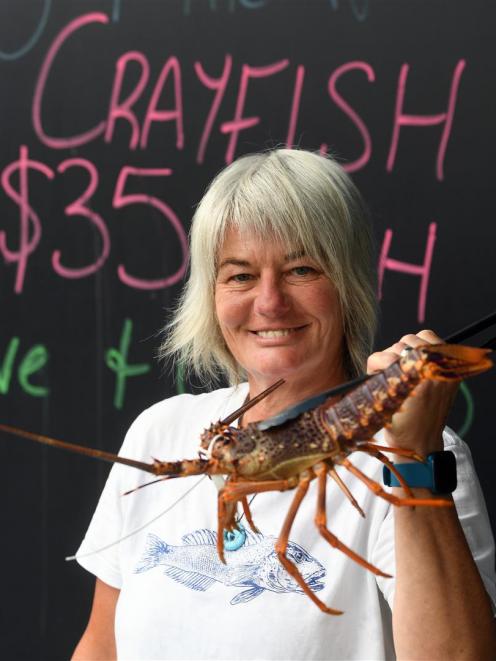 Harbour Fish shop retail manager Nancy Kristel-Anderson holds up a live crayfish, which the shop is selling cheaply to help clear an oversupply in the market following the closure of the China market. Photo: Stephen Jaquiery