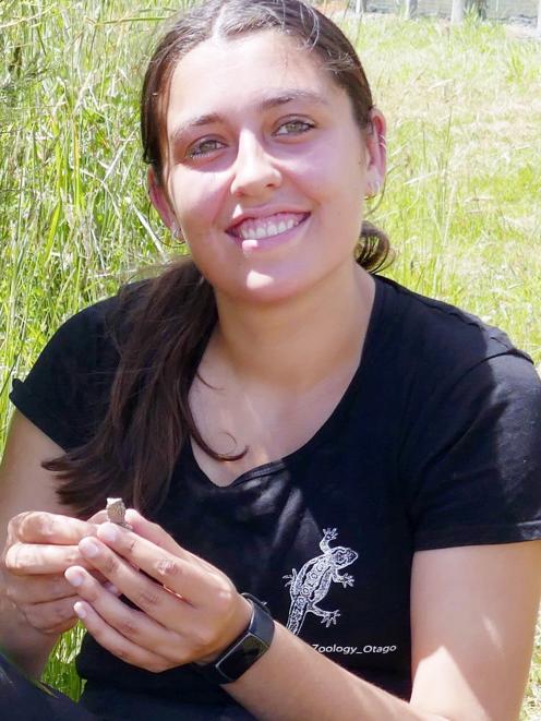 A rare sighting of a hatchling tuatara, held by Jade Christiansen for scale. PHOTO: ALISON CREE