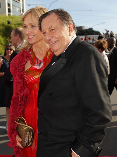 Barry Humphries, who played the Great Goblin, and wife Lizzie Spender arrive at the The Hobbit:...