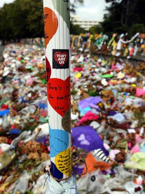 The Rolleston Ave tributes in Christchurch after the March 15, 2019 terror attack. PHOTO: STEPHEN...