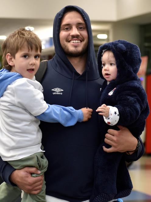 New Zealand-born England rugby player Ethan Roots — with his sons Noah, 3, and Benji, 11 months —...