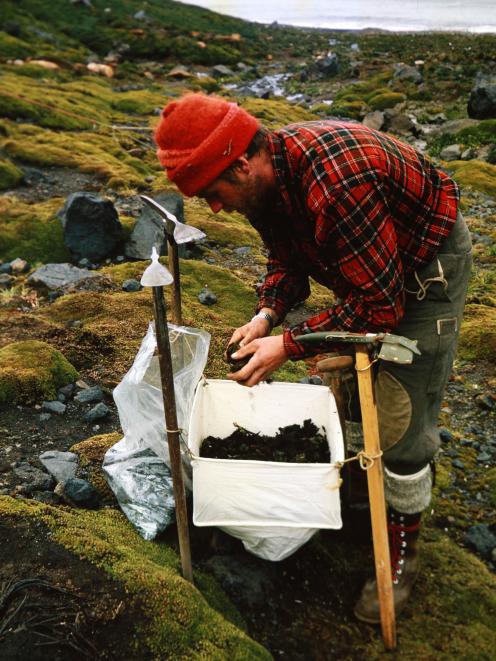 Philip Temple prepares to collect insects from soil samples on Heard Island. PHOTO: GRAHAME BUDD