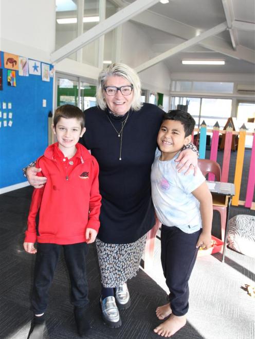 Ashburton Borough principal Hilary Boyce with pupils Oliver Keen, 8, (left) and Israel Faalavaau,...
