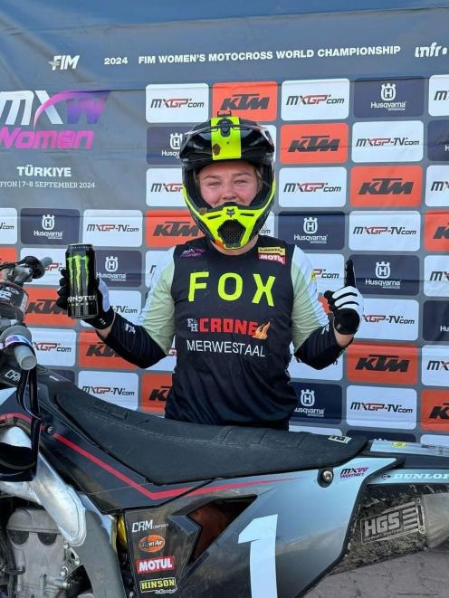 Courtney Duncan celebrates a WMX race win in Turkey at the weekend. PHOTO: FACEBOOK