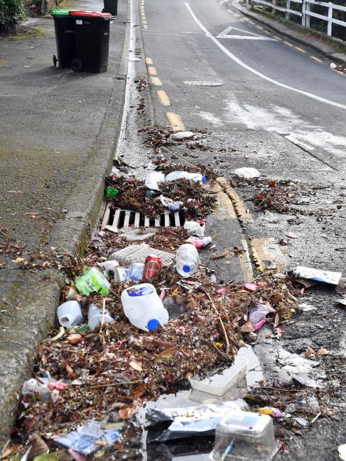 Rubbish from blown-over rubbish bins has made its way into gutter and mud traps as shown in...