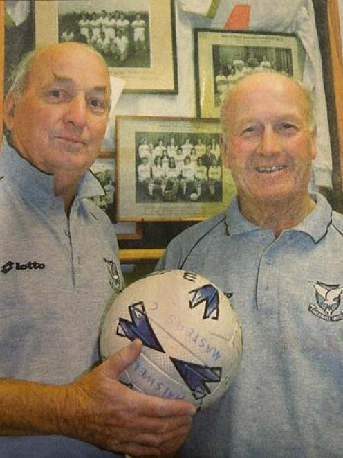 Noel Hopgood (left) and Bertie Welch before Halswell United's 40th anniversary in 2004. Photo:...