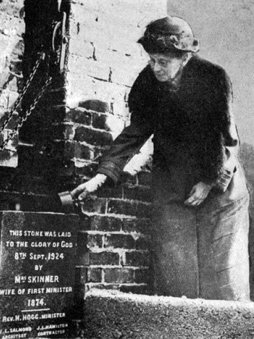 Mrs Skinner, wife of Waitahuna's first minister, lays the foundation stone for a new Presbyterian...