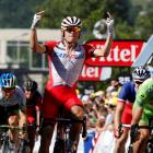 Alexander Kristoff reacts as he wins the 185.5km 12th stage of the Tour de France between Bourg...