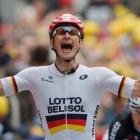 Andre Greipel celebrates as he crosses the finish line to win the 194km sixth stage of the Tour...