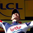 Lotto-Belisol Team rider Andre Greipel of Germany celebrates on the podium after winning the...