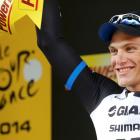 Marcel Kittel celebrates on the podium after winning the third stage of the Tour de France, from...