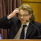Murder accused Clayton Weatherston in the witness box in the High Court at Christchurch yesterday...