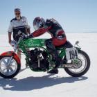 Phil Garrett riding a 1979 Kawasaki 1260 Turbo at the Bonneville salt flats, in 2008. It is the...