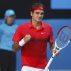 Roger Federer of Switzerland celebrates after defeating Juan Martin Del Potro of Argentina in...