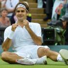 Roger Federer of Switzerland celebrates after defeating Andy Murray of Britain in their men's...