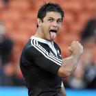 Shannon Paku performs the haka with the New Zealand Maori rugby team before its match against...