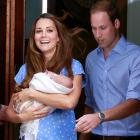 The Duke and Duchess of Cambridge emerge from St Mary's Hospital with their baby boy yesterday....