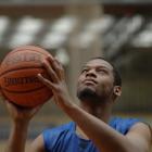 Otago Nugget import Antoine Tisby lines up a shot at the Edgar Centre earlier this week.  Photo...