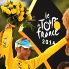 Vincenzo Nibali celebrates his overall victory on the podium after the 137.5 km final stage of...