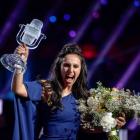 Jamala celebrates her victory in the Eurovision Song Contest at the Ericsson Globe Arena in...