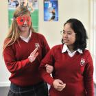 Kaikorai Valley College year 10 pupil Emma Hedges needs a guiding hand from fellow pupil Katha...