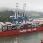 Port Otago’s tugs nudge Rio Bravo into the container berth behind Rio Blanco at the multi-purpose...