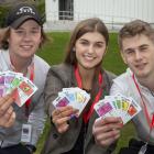 Year 13 students Oakley Inkersell, Rosa Kelly and Aljaz Smrekar show off Food Fight. Photo: Geoff...