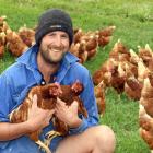 Free-range chicken farmer Josh Adam holds two of his hens at his Taieri farm on Wednesday. PHOTO:...