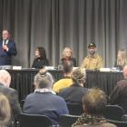 MC Darren Ludlow, NZ Vision candidate Judith Terrill, Labour candidate Dr Liz Craig, NZ Loyal...