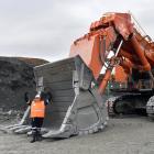 Resources Minister Shane Jones checks the bucket of Macraes' new&nbsp;electric shovel after...
