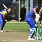 Otago’s Emma Black bowls to Auckland’s Izzy Gaze at the University Oval earlier this season....