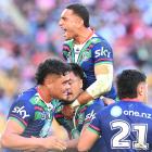 Warriors players celebrate a try during the NRL Round 11 match between the New Zealand Warriors...