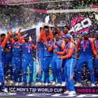 India's Kuldeep Yadav lifts the trophy as the team celebrate their victory. Photo: Reuters