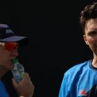 Black Caps coach Gary Stead (left) talks to paceman Trent Boult during a net session in Tarouba,...
