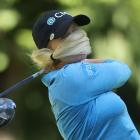 Stephanie Meadow, of Northern Ireland, hits a tee shot on the seventh hole during the first round...