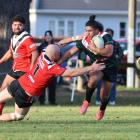 Riccarton Knights fullback Blake Thompson falls off a tackle against the Linwood Keas. PHOTO:...