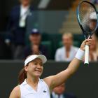 New Zealand's Lulu Sun celebrates winning her first round Wimbledon match against China's Qinwen...