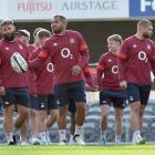 Ollie Lawrence carries the ball during the England captain’s run at Forsyth Barr Stadium...