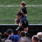 All Blacks captain Scott Barrett enjoys some time with son Dougal ahead of the test against...