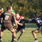 Linwood Keas’ Jarrod Pukeroa-Sutherland carries the ball into contact against Hornby Panthers...