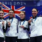 Silver medallists (from left) Ally Wollaston, Bryony Botha, Emily Shearman 
...