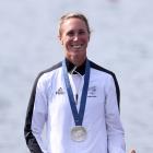 Emma Twigg with her silver at the medal ceremony. Photo: Getty Images